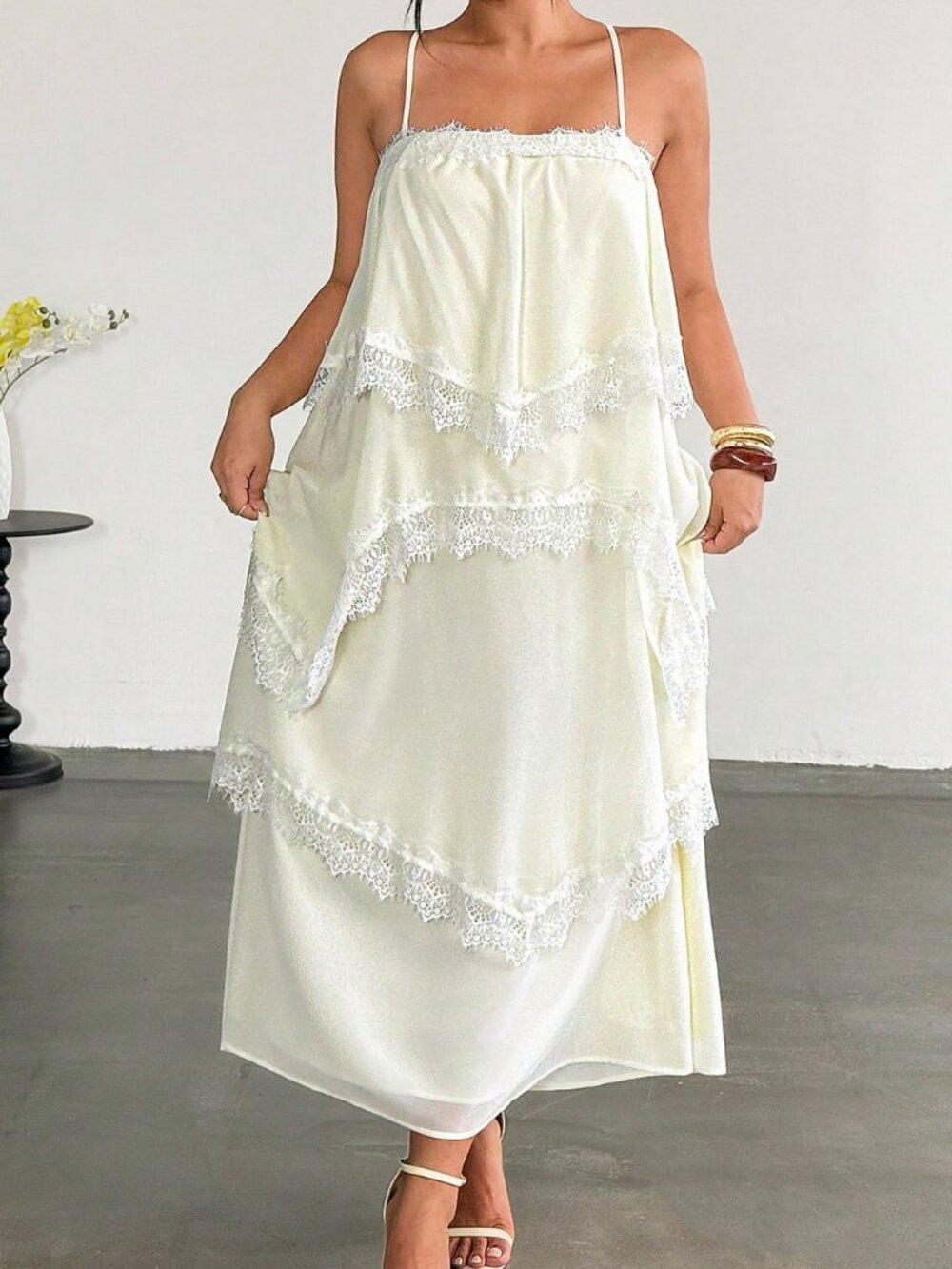 Apricot Elegant Women's Ruched Contrast Lace Spaghetti Strap Tiered Dress - Picture 6 of 8